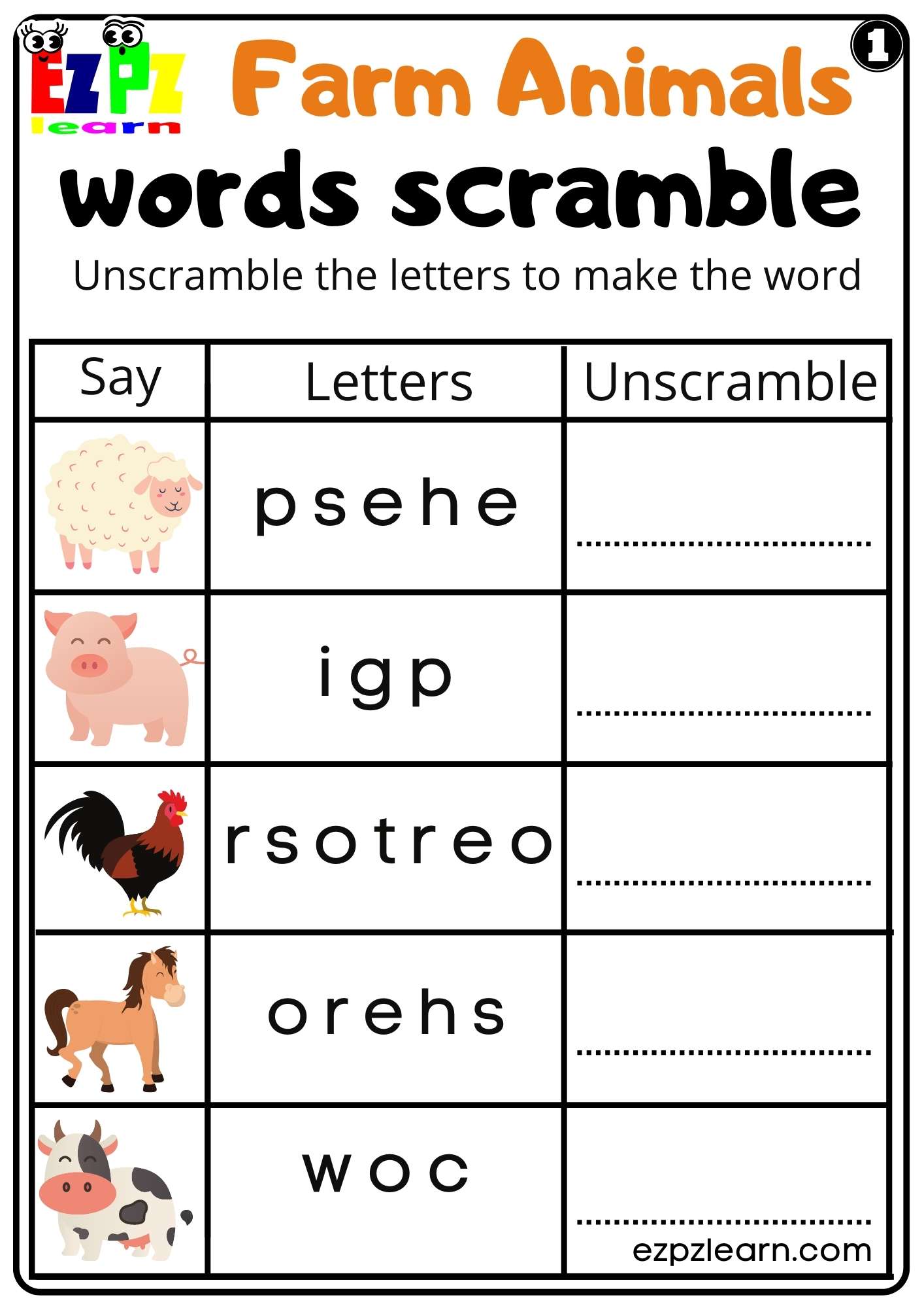 Farm Animals Word Scramble Worksheet for Kindergarten or ESL Students Free PDF Download set 1